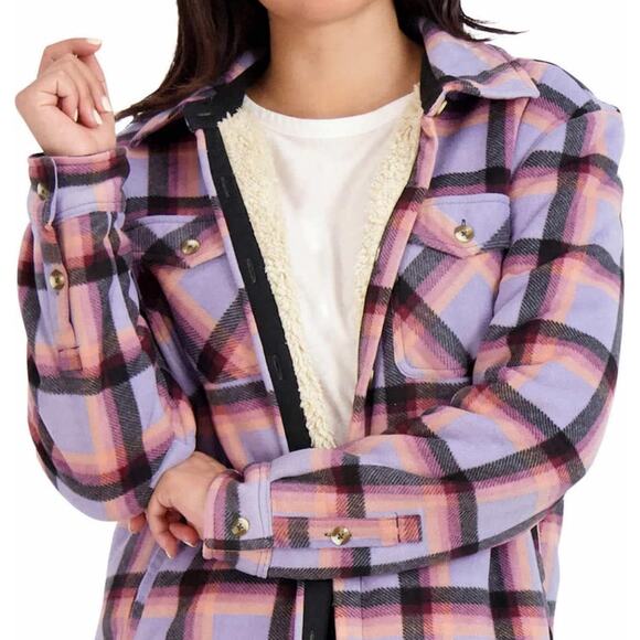 Women's Long Sleeve Plaid Super Plush Sherpa Lined Fleece Shirt Jacket - Picture 4 of 13
